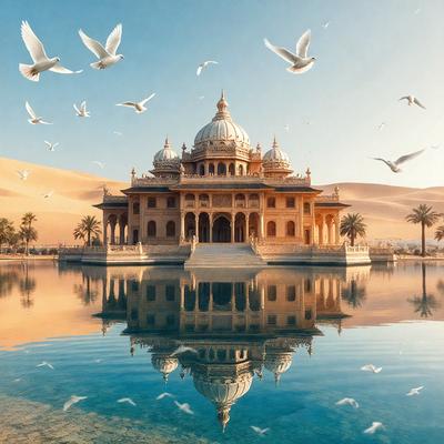 The primary subject of the image is a large, ornate building with a dome-shaped roof, surrounded by a body of water. The building appears to be a palace or a similar architectural structure. The setting is a serene environment with a calm body of water, and the visual style is a combination of photo and digital art. The colors and mood of the image are predominantly warm and inviting, with the palace and the water creating a sense of tranquility and beauty.